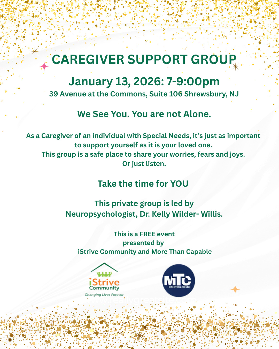 Flyer for the 2026 January Caregiver Support Group Meeting