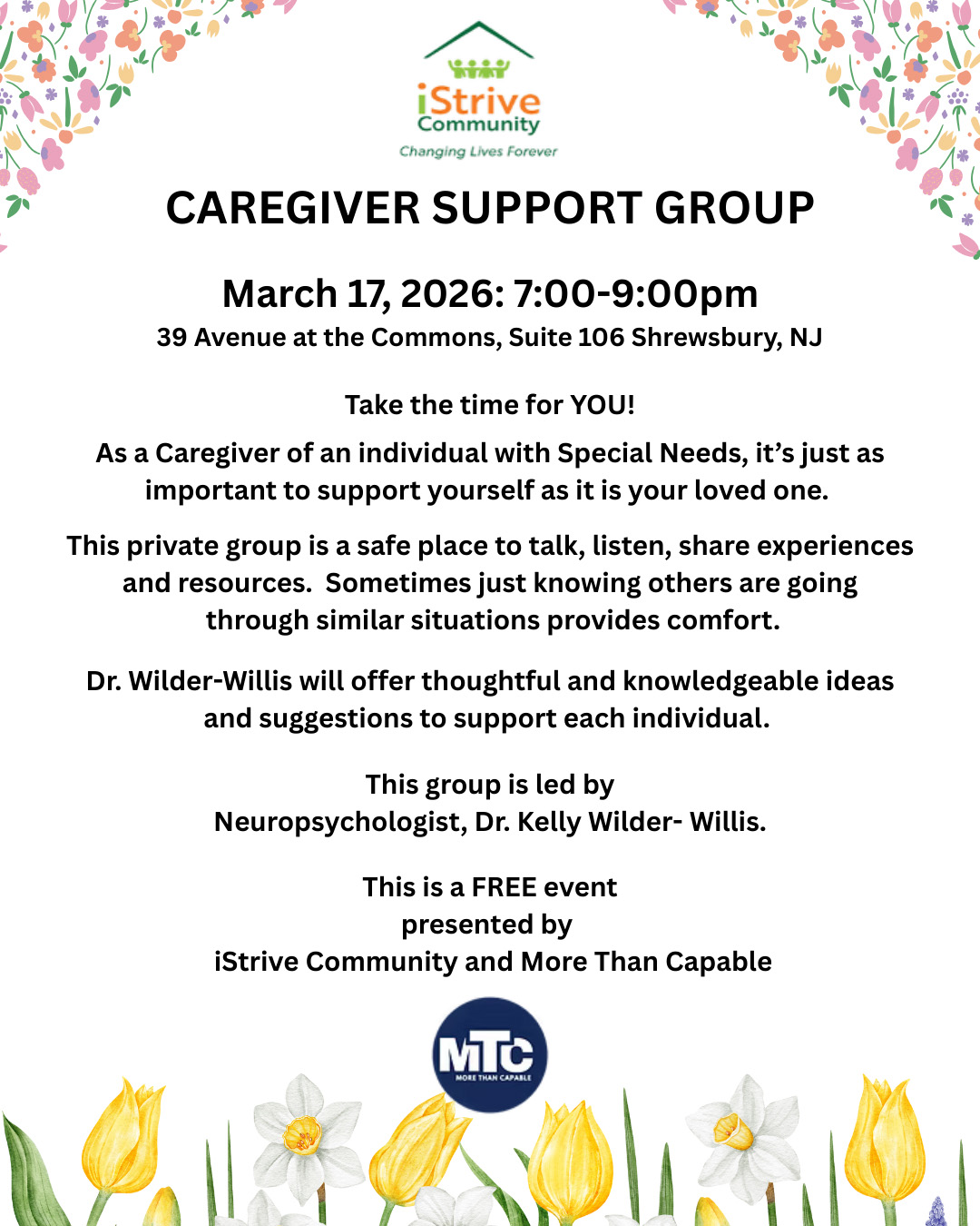 Flyer for the 2026 February Caregiver Support Group Meeting