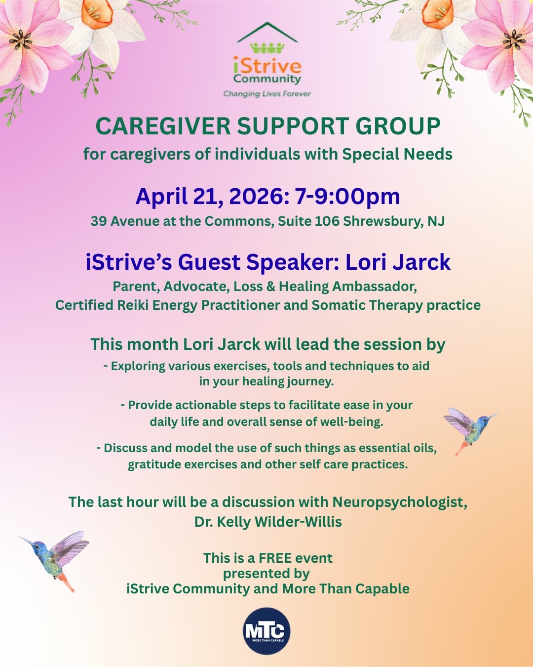 Flyer for the 2026 April Caregiver Support Group Meeting